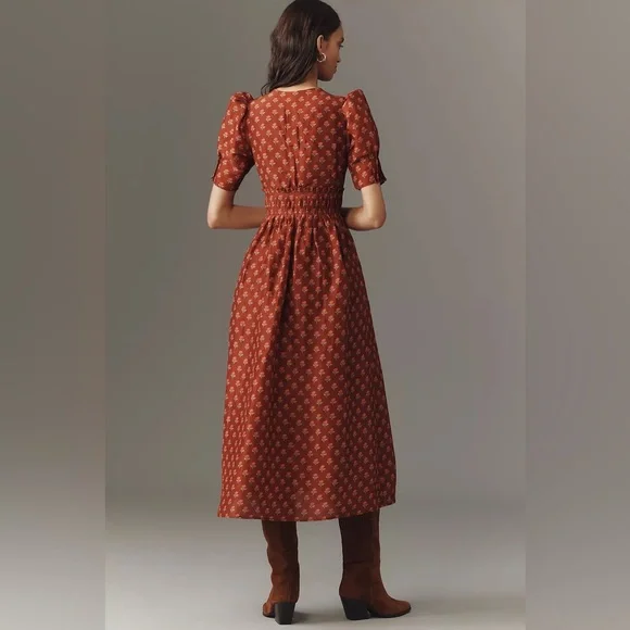 Lovaan Boehm Linen-Silk Puff-Sleeve V-Neck Midi Dress - Picture 5 of 10